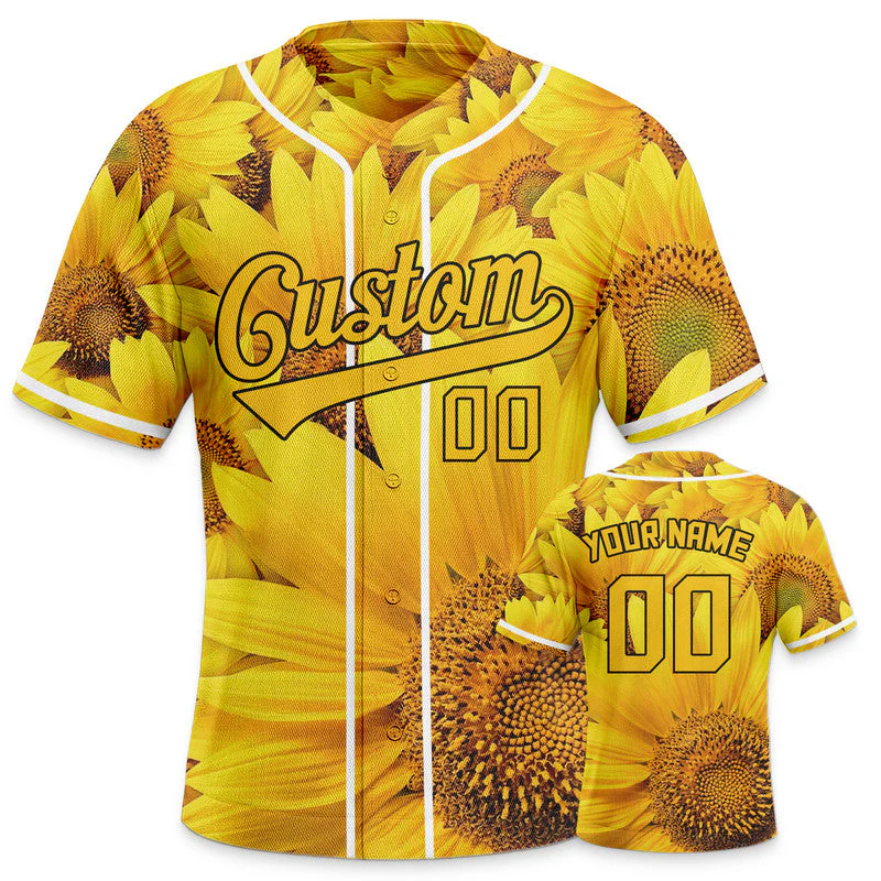 Custom Gold Black-White 3D Pattern Design Sunflower Authentic Baseball Jersey