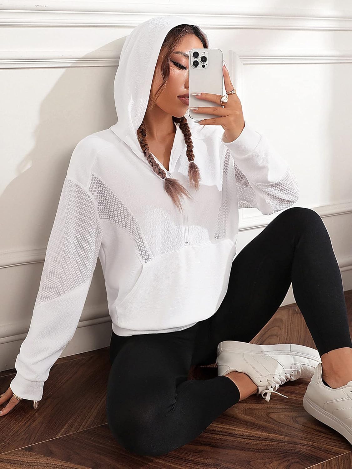 Women's Half Zip Crop Hoodie Long Sleeve Hollow Out Hooded Sweatshirt Pullover Tops
