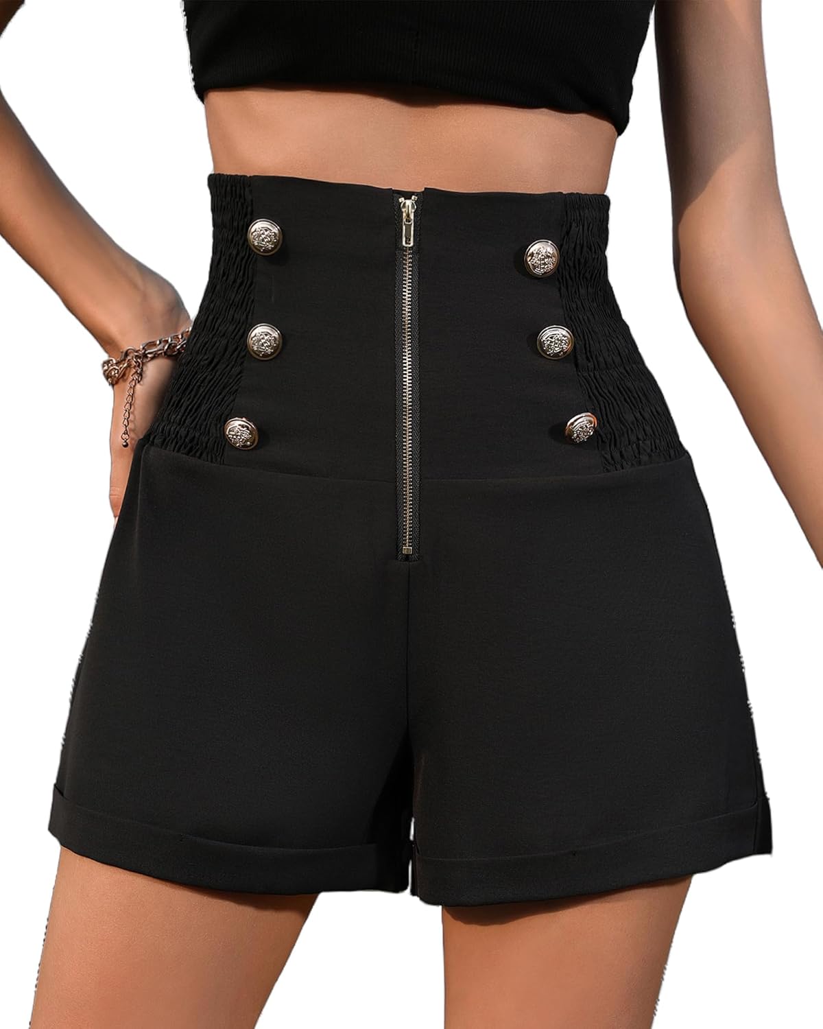 Women Summer Mid Thigh Dressy Shorts 50s Retro Rockabilly Style Tailored Sailor High Waist with Pockets