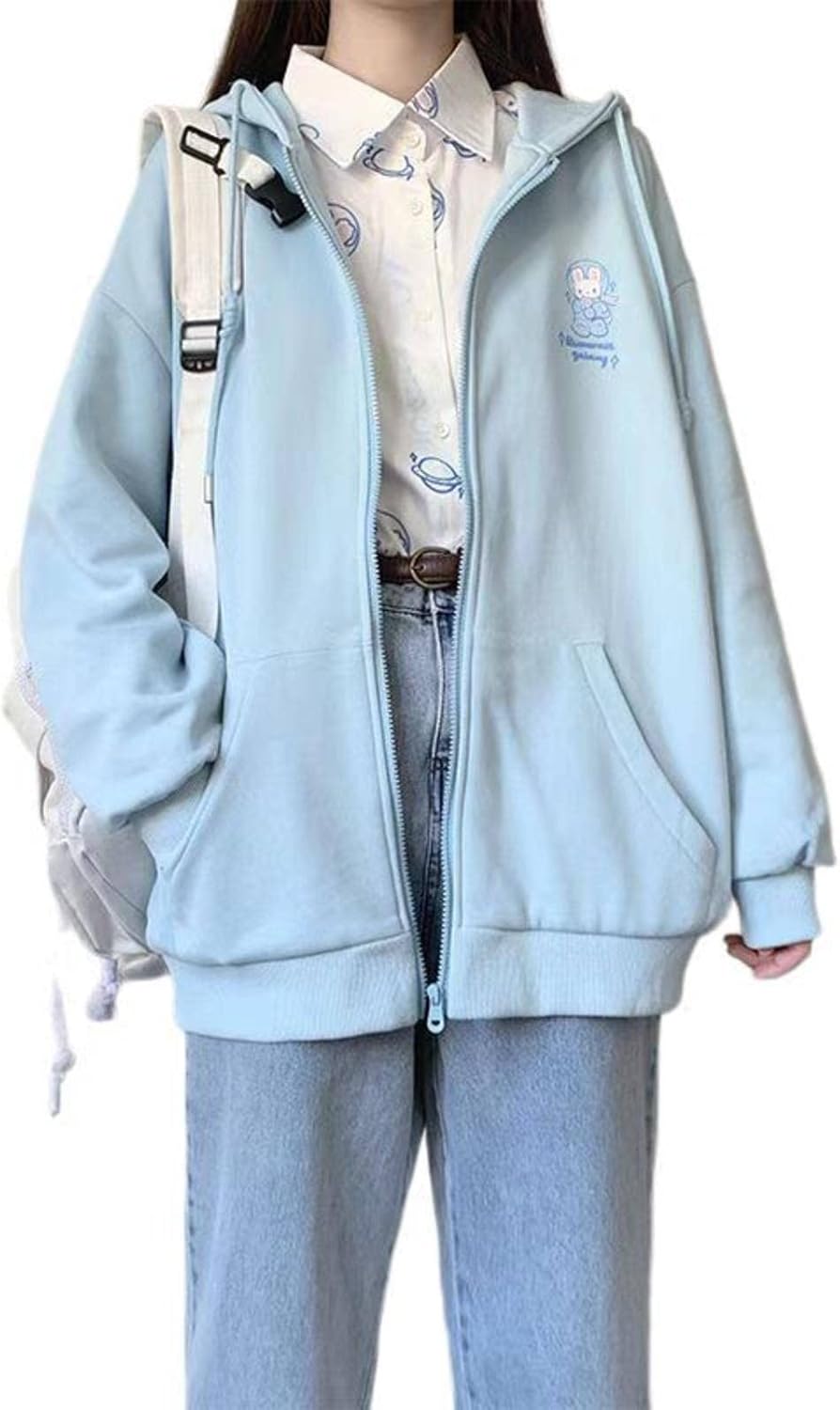 Women's Japanese Loose Kawaii Zip Hoodie Girls Sweet Preppy Jacket Top