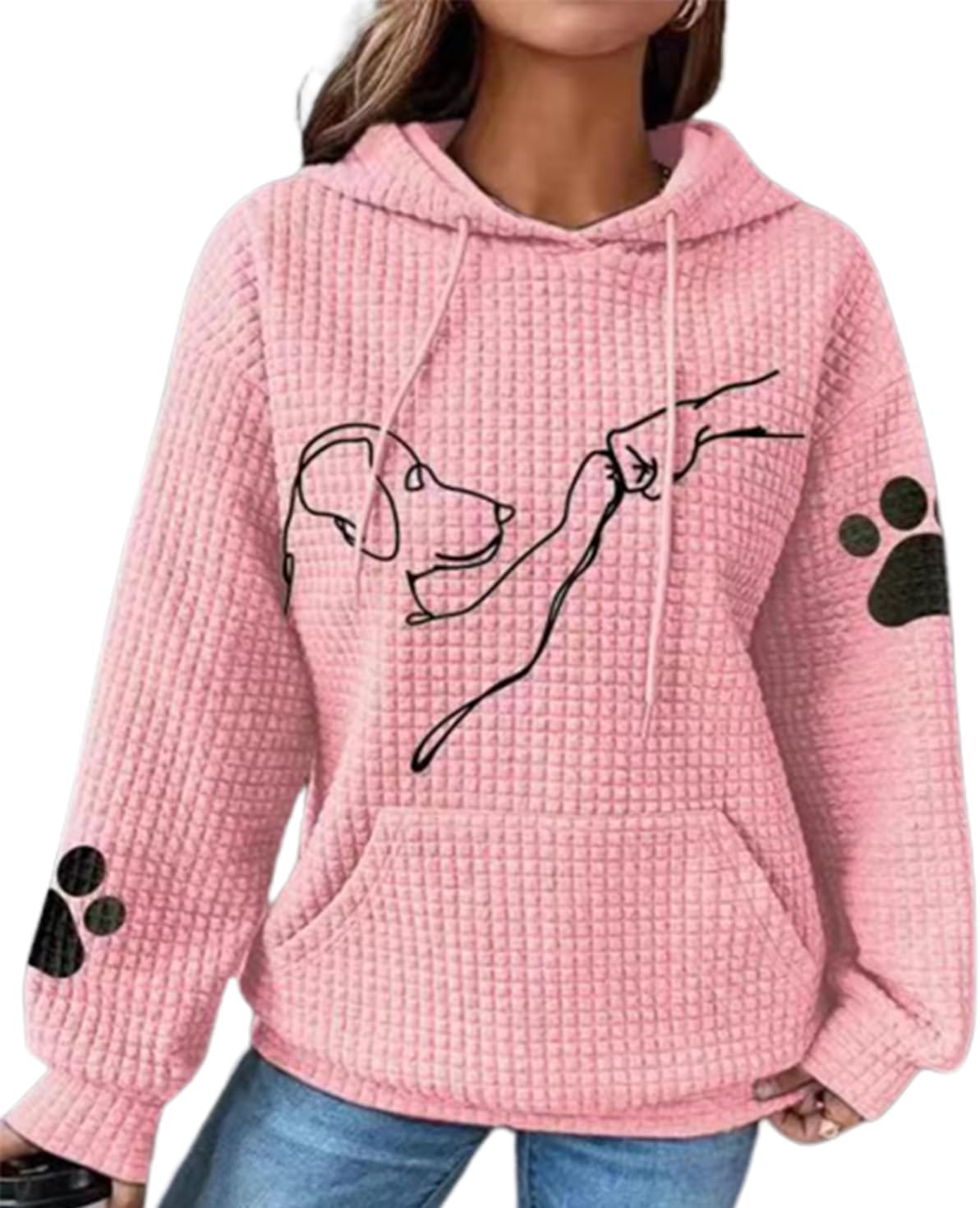 Sweatshirt for Women Cute Dog Printed Waffle Knit Pullover Sweater Oversized Hoodie Casual Plus Size Tops with Pocket